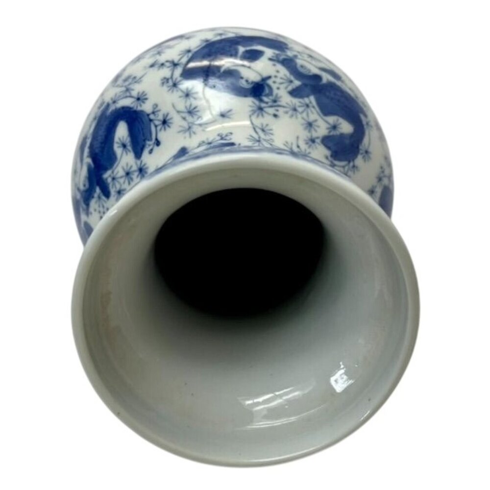 Vintage Chinoiserie Blue and White Koi Vase, 12.5", Porcelain Decor Accent - Picture 3 of 6